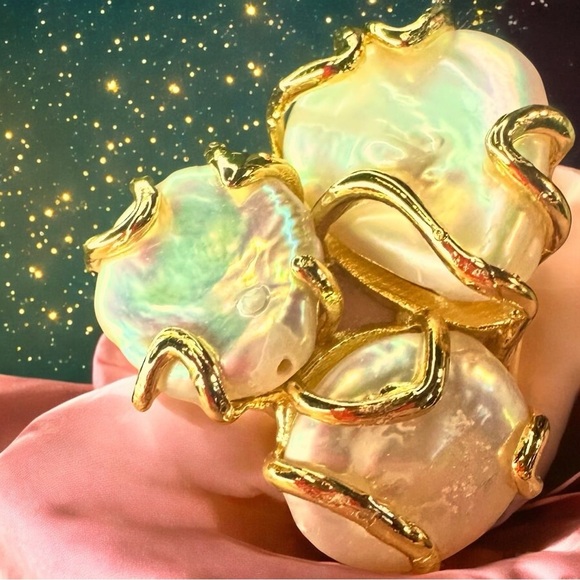 NEW Natural Freshwater Pearl GoldPlated Abstract Wrapped Adjustable Trilogy Ring - Picture 8 of 16